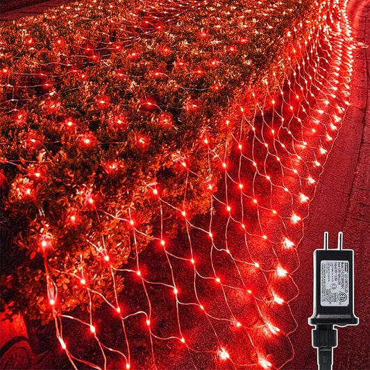 LJLNION Valentines Net Lights, 360 LED 12ft x 5ft Connectable Mesh Fairy String Lights, 8 Lighting Mode, Low Voltage Adaptor for Christmas Trees Bush Wedding Outdoor Holiday Garden Decorations, Red