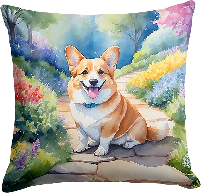 Caroline's Treasures Corgi Spring Path Throw Pillow Machine Washable, Indoor Outdoor Decorative Pillow for Couch, Bed or Patio, 18Hx18W