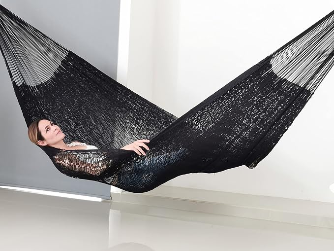 Traditional Mayan Hammock - Hammock Made with Thick Cotton Thread (Black, Large)