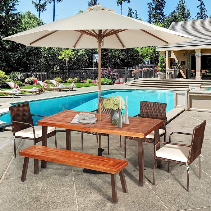 Tangkula 6 Piece Acacia Wood Patio Dining Set, Patiojoy Outdoor Wicker Furniture Set w/Bench, 4 Cushioned Rattan Chairs & Wood Table with Umbrella Hole, Ideal for Backyard Garden Porch