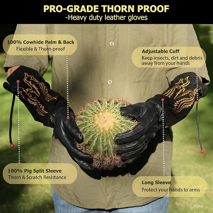 Cactus Garden Gloves (Real Thorn proof), Puncture Proof, Long Leather, Women & Men, Heavy Duty- Great for Gardening, Rose Pruning, Cacti Trimming, Weeding, Pull Thistle, Plant (Black, S)
