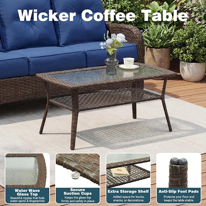 Patio Furniture Set, 10PCS Outdoor Wicker Conversation Set with 6" Thick Cushions, High Back Rattan Sofa & Swivel Rocker Chairs, Weather Resistant Olefin Fabric for Garden, Poolside, Navy Blue