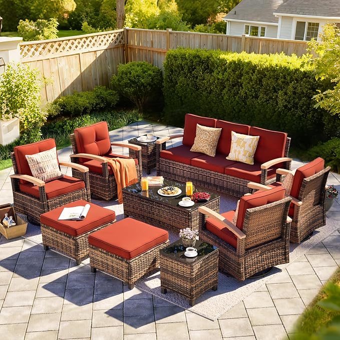 MEISSALIVVE 10 Pieces Patio Furniture Sets,Wicker Patio Conversation Sets with 4 Wood Armrests Swivel Glide Chairs, 2 Ottoman, 3-seat Sofa and Coffee Table (Red)