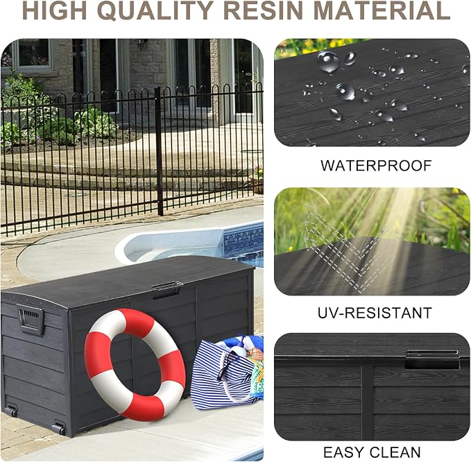 SSLine Outdoor Storage Deck Box, 75 Gallon Capacity Plastic Patio Garden Tool Organizer with Wheels, 44 x 19.3 x 21.3 inches (Whole Black1)