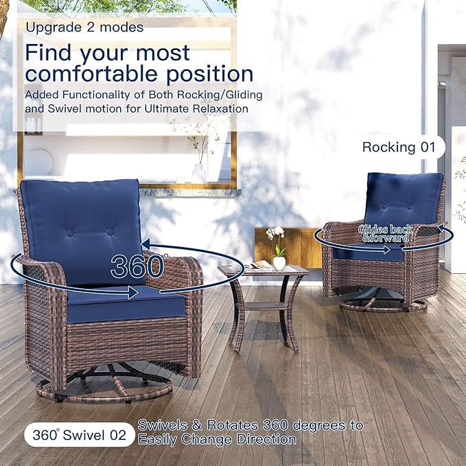Kullavik 10PCS Outdoor Patio Furniture Set,PE Wicker Rattan Sectional Sofa Patio Conversation Sets with Tempered Glass Table,Swivel Rocking Chairs Set,Navy Blue