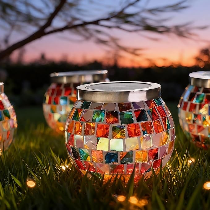 Cooo 6 Pack Gift for her him Landscape Lighting Path Lights Heavy Solar Mosaic Lantern with RGB Color-Changing Light – Dual Solar Panels, Red Amber Glass Tiles, Waterproof Outdoor