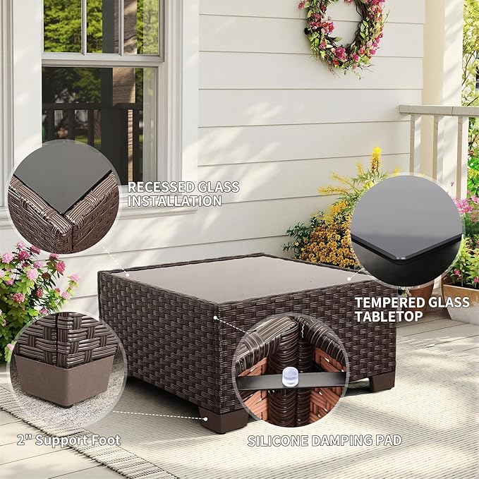 Rattaner 9 Pieces Outdoor Sectional All-Weather HDPE Brown Wicker Patio Furniture Set Patio Sectional Glass Patio Table Non-Slip Cushions and Waterproof Covers, Beige