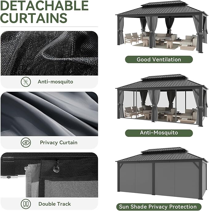 Aoxun 12' X 20' Hardtop Gazebo, Galvanized Steel Double Top, Metal Gazebo with Curtains and Netting, Permanent Canopy Pavilion for Wedding, Party, Outdoor Dining