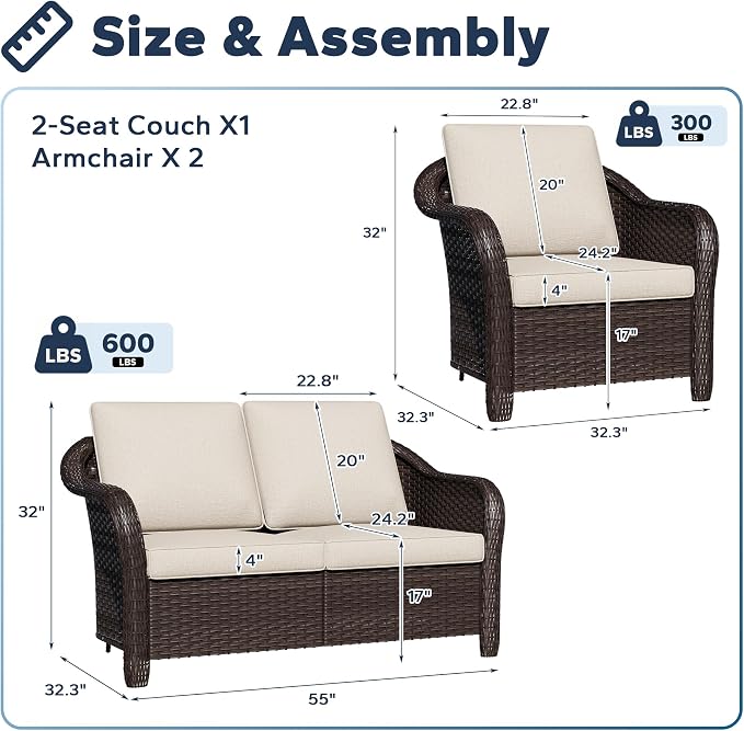 3 Pieces Outdoor Patio Conversation Set, 55" Couch, 2 Chairs, Rattan Wicker Conversation Furniture with Removable Cushions for Bistro, Deck (Beige)