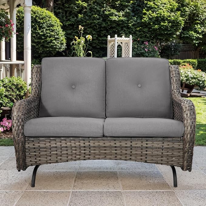 Patio Loveseat Glider Set, Resin Wicker Loveseat Glider with 2 Swivel Patio Chiars and Coffee Table, 4 Piece Patio Bistro Set Furniture Set Loveseat Set, Grey Wicker | Grey Cushions