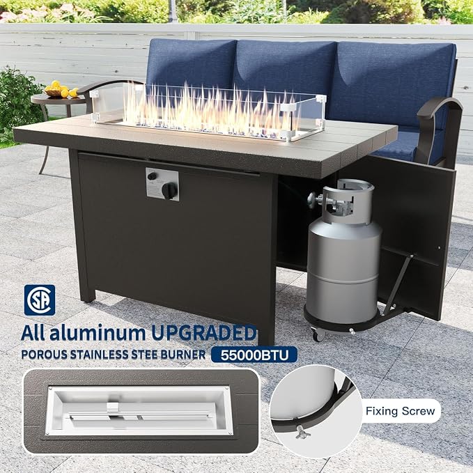 Kullavik Aluminum Patio Furniture Set,7 Piece Modern Metal Outdoor Patio Furniture w/5.1'' Thick Cushion,Swivel Chairs,Ottomans and Propane Fire Pit Table,Patio Conversation Sets for Porch,NavyBlue