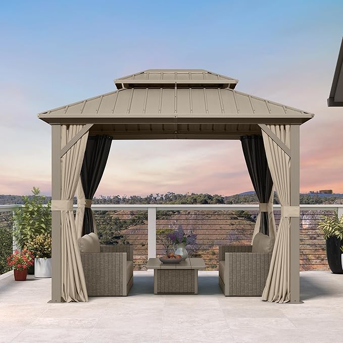 PURPLE LEAF 8' x 10' Hardtop Gazebo, Champagne Outdoor Aluminum Gazebo with Galvanized Steel Double Roof, Curtains and Netting for Patio Lawn and Garden