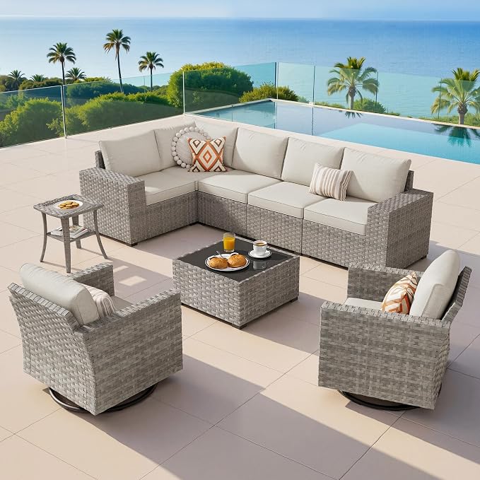 9-Piece Patio Furniture Set, Outdoor Wicker Furniture Sectional Set with Coffee Table, High Back Swivel Rocker Patio Chairs, Modern Rattan Outdoor Conversation Set for Porch, Balcony, Garden, Beige