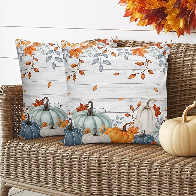 Fall Waterproof Outdoor Pillow Covers 16''x16'' Set of 2, Thanksgiving Maple Leaf Branch Vintage Wooden Patio Cushion Covers for Chairs,Decorative Blue Green Pumpkin Pillow Cases for Garden/Pool/Beach