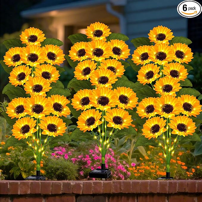 VOOKRY Solar Lights Outdoor, 6 Pack with 36 Sunflower Lights, Waterproof Solar Flowers Garden Decor, Birthday Gifts for Mom Women Grandma, Sunflowers Yard Decoration for Lawn Backyard Patio Flowerbed