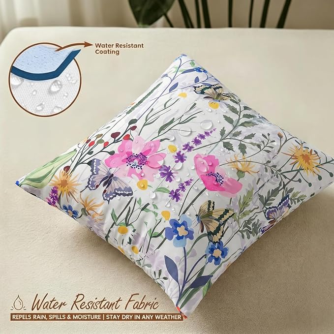 cygnus Spring Summer Outdoor Pillow Covers 18x18 Inch Waterproof Daisy Flower Butterfly Outdoor Pillows for Patio Furniture Garden Tent Porch Home Decor