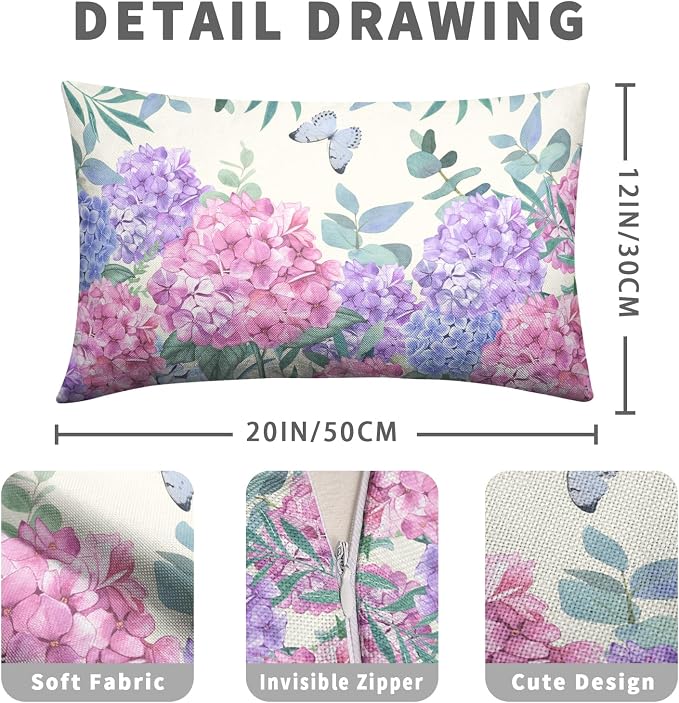 Pink Hydrangea Lumbar Pillow Covers Spring Flowers Outdoor Pillow Covers 12x20 Set of 2 Purple Pink Hydrangea Eucalyptus Pillow Case Cotton Linen Cushion Case for Sofa Garden Patio