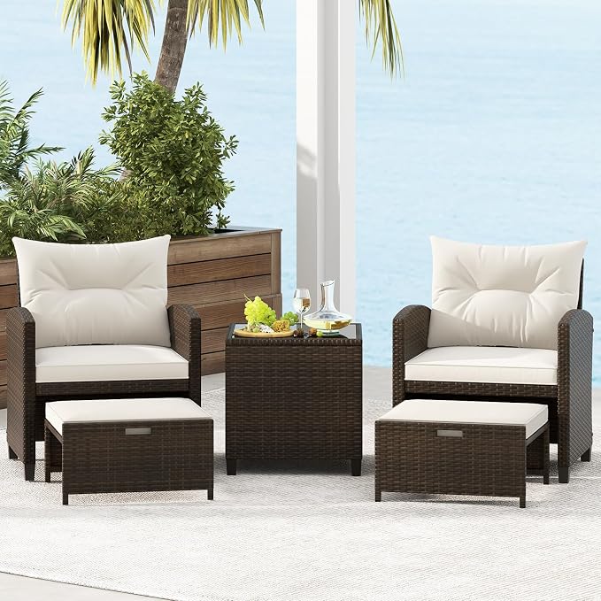 KOTEK 5 Pieces Patio Furniture Set with Ottomans, Wicker Patio Conversation Set with Coffee Table & Cushions, PE Rattan Outdoor Lounge Chairs for Backyard, Porch, Poolside (Mix Brown- Off White)