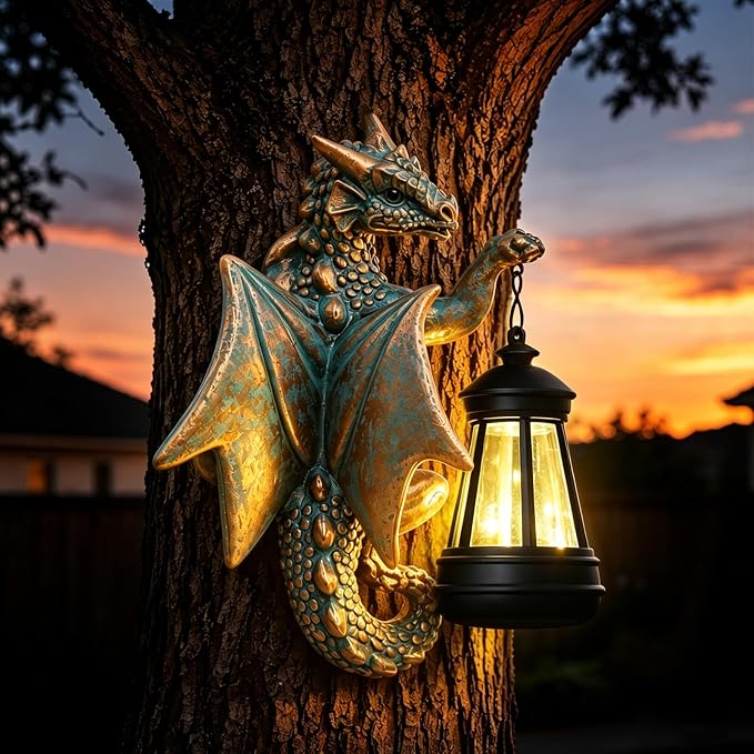 Goodeco Dragon Tree Hugger Garden Statue with Solar Lantern - 9.3 Inch Resin Dragon Decor for Outdoor, Perfect Dragon Gifts & Yard Decor（Bronze）