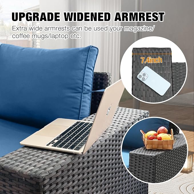 JOYURE 5 Pieces Patio Furniture Set All-Weather Outdoor Wicker Sectional Conversation Sofa Rattan Patio Seating Sofa with Cushion and Glass Table and Ottoman for Porch Poolside,Peacock Blue