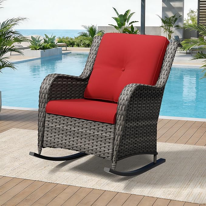 Outdoor Rocking Chair, Wicker Patio Chair with Thickened Olefin Cushions, High Back and Deep Seating, Hand-Woven PE Rattan for Porch, Deck, Balcony, Red