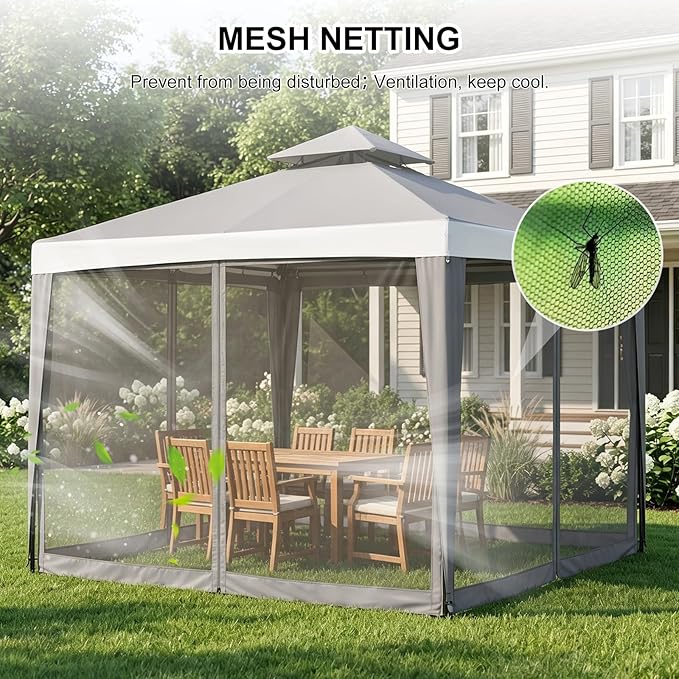 10x10 Gazebo with Netting, Canopy Tent Sun Shade Shelter for Outdoor Patio Backyard (Gray)