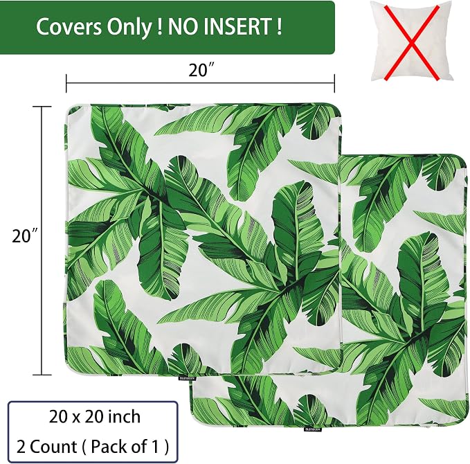 Outdoor Throw Pillow Covers 20x20 Inch, Set of 2, Cover Only! Waterproof Fade Resistant Decorative Cushion Sham Pillow Cases for Patio Furniture Chair Couch Sofa - Green Leaves White