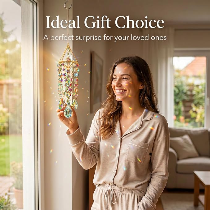 Crystal Suncatcher for Windows Hanging Glass Wind Chimes Whimsical Decor | Hand-plated,Prism Sun Catcher with Crystals,Rainbow Maker for Ceiling Garden Home Indoor Outdoor,Gift For Women