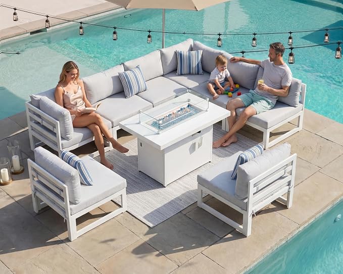 RADIATA 9 Piece Luxury Aluminum Outdoor Sectional Sofa with Fire Pit Table, Extra Large L Shaped Patio Furniture Set, 29 inch Deep Wide Seating, Comfortable Durable Conversation Set for 500 lbs, White