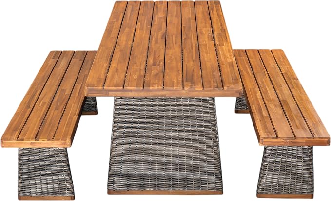 Merax 3-Piece Outdoor Dining Set Acacia Wood, 1 Table + 2 Benches, Slatted Design Tabletop & Woven Rattan Legs, Weather-Resistant Rectangle Patio Dining Set, Grey