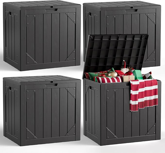 30 Gallon Outdoor Deck Box 4 Pack, Waterproof Resin Patio Storage Boxes with Lockable Lid, Small Outdoor Storage for Cushions, Accessories, Garden Tools, Indoor Outdoor Organizer, Black
