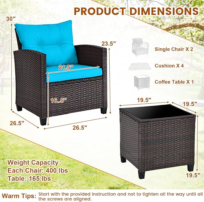 ORALNER 3 Pieces Patio Furniture Set, Outdoor Wicker Conversation Set Rattan Chairs with Cushions, Glass Coffee Table, Bistro Set for Front Porch Balcony Garden Deck Poolside (Turquoise)