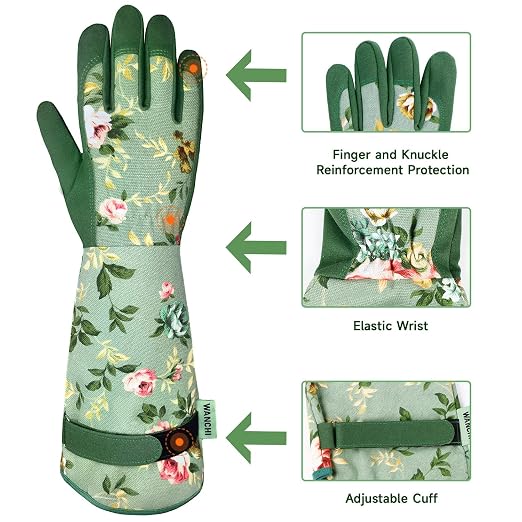 WANCHI Gardening Gloves for Women, Comfortable Floral Long Sleeve Garden Gloves for Gardening and Outdoor Work, Durable Leather Long Gardening Gloves, Great Gift Ideas for Ladies, Green Print (Large)