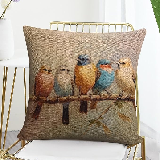 Pillowcases Colorful Birds Are Sitting on A Branch Farmhouse Pillow Cover Oil Painting Cute Birds Are Standing on The Branch Couch Pillow 20"x20" for Outdoor Bed Sofa Cutton Linen Cushion Cases