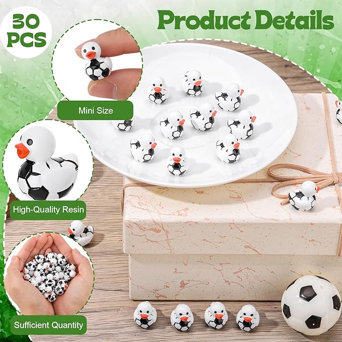 30 Pcs Soccer Ducks, Mini Soccer Resin Ducks Bulk, Fun Printed Toy Figures for Sports Party Favors, Themed Decor, Kids Gift Collection (Soccer)