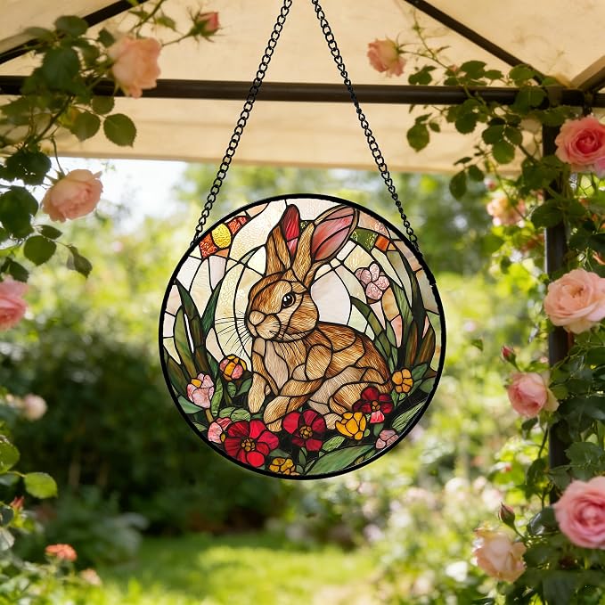 Stained Glass Window Hanging, Cute Bunny Flowers Sun Catcher for Window Door Home Decor, Rabbit Suncatcher Christmas Mother's Day Birthday Gifts for Women Men Mom and Nana 11.8 in