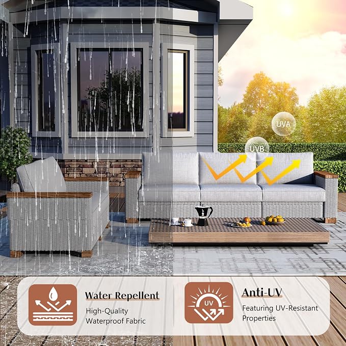 LUXOAK 5-Piece Patio Furniture Sets, Wicker Sofa Set with 5.9" Wider Solid Wood Armrest, Outdoor Conversation Set with Wood Legs, Patio Sectional Set for Backyards, Porch, Poolside, Garden