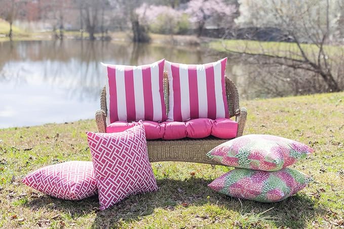 Square Throw Pillows Set of 4 | 24”x24”| All-Weather Spun Fabric | Water and Fade-Resistant | Outdoor Accent Pillows for Patio Furniture | Covert Capri Blue Stripe - Made in USA