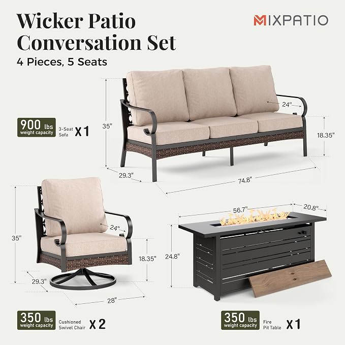 MIXPATIO Patio Furniture Set with 56'' Fire Pit Table, Black Frame Outdoor Conversation Set with 2 x Swivel Chairs, 1 x 3-Seat Sofa for Lawn Garden Backyard, Beige