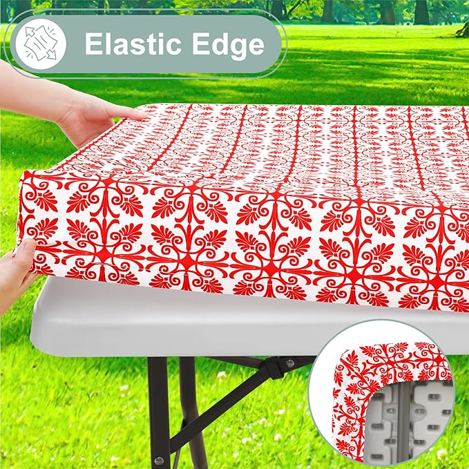 misaya Picnic Table Cover with Bench Cover, Waterproof Elastic Fitted Tablecloth for 6 Foot Tables, Rectangle Washable Polyester Tablecloths for Picnic, Camping, Outdoor (Red, 30" x 72")