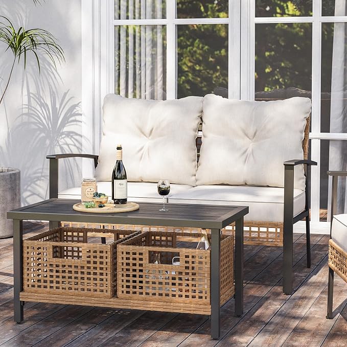 LAUSAINT HOME Outdoor Patio Loveseat with Coffee Table Set of 2, 2 Pcs Comfortable Oversized Furniture Conversation Set for Backyard, Porch, Garden and Poolside, Beige (Not Include Storage Boxes)