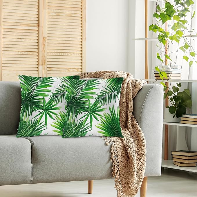 Swono Palm Leaves 2Pcs Throw Pillow Covers for Men Women, Tropical Palm Leaf Jungle Tree Bedding Throw Pillowcase 18 X 18 Inch, Decorative Pillow Cushion Cover for Couch Sofa Bed Home