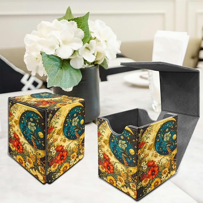 Deck Box for MTG, Cards Storage Box Fits 120+ Sleeved, Leather Medium Size Strong Magnetic Closing Card Case for Board Games Magic TCG CCG Baseball Collection, Flower Big Moon