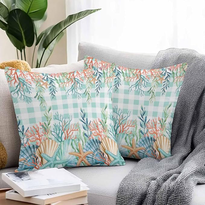 Throw Pillow Covers 16x16 Inch Set of 2, Summer Coastal Waterproof Outdoor Pillow Covers, Watercolor Corals Shells Starfish Green Plaid Decorative Cushion Pillowcases for Couch, Sofa, Bed, Patio