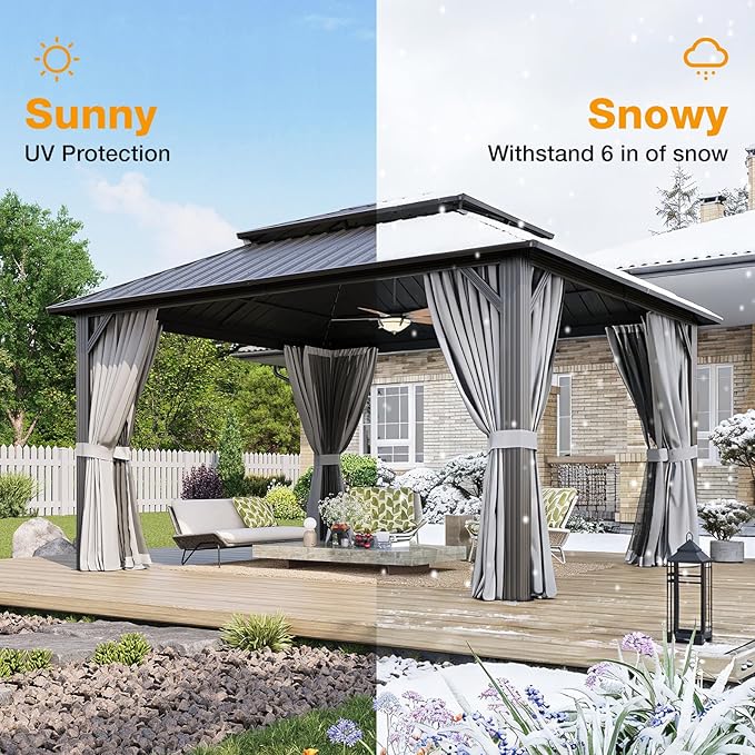 12x14FT Hardtop Gazebo, Metal Frame with Double Galvanized Steel Roof, Permanent Outdoor Pergola with Curtains and Netting Included for Backyard, Patio, Lawn and Garden, Gray