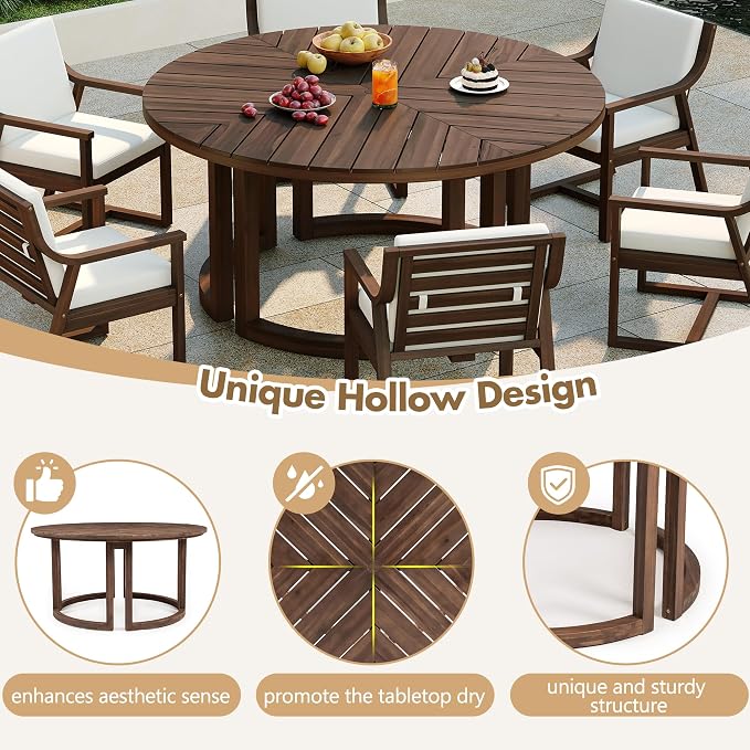 VilroCaz Acacia Wood Outdoor Dining Set for 6, All-Weather Outdoor Round Dining Table with 1.96" Umbrella Hole and 6 Armchair& Removable Cushions for Patio Backyard Pools (Mocha-2.14)