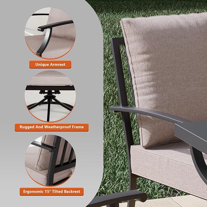 7 Piece Outdoor Dining Set for 6 with 48" Round Propane Fire Pit, Metal Outdoor Table and Chairs with 6 Swivel Chairs and Outdoor Fire Pit, Patio Table and Chairs Set for Patio, Deck, Sand