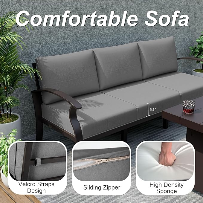 ALAULM Aluminum Patio Furniture Set with Coffee Table Rectangular, 8-seat Outdoor Sectional Furniture w/5.1" Cushions, Patio Conversation Set for Porch, Backyard, Poolside-Grey