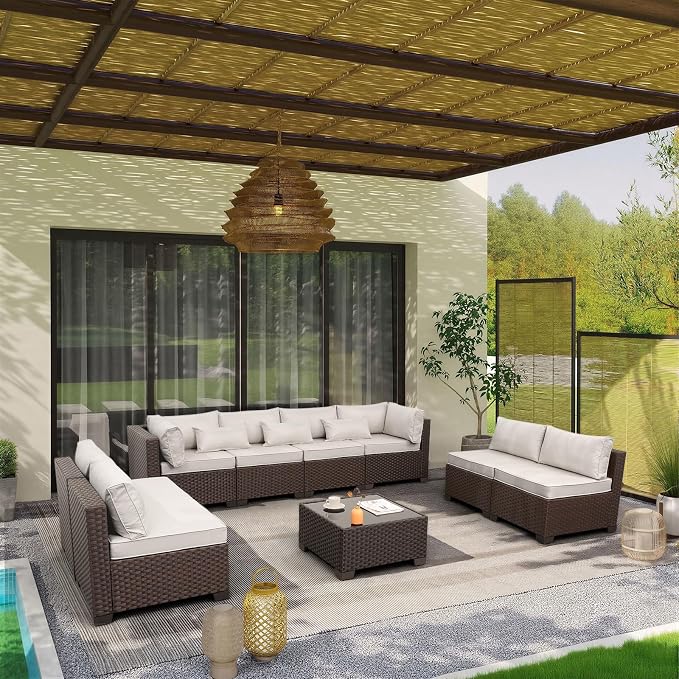 Rattaner 9 Pieces Outdoor Sectional All-Weather HDPE Brown Wicker Patio Furniture Set Patio Sectional Glass Patio Table Non-Slip Cushions and Waterproof Covers, Beige