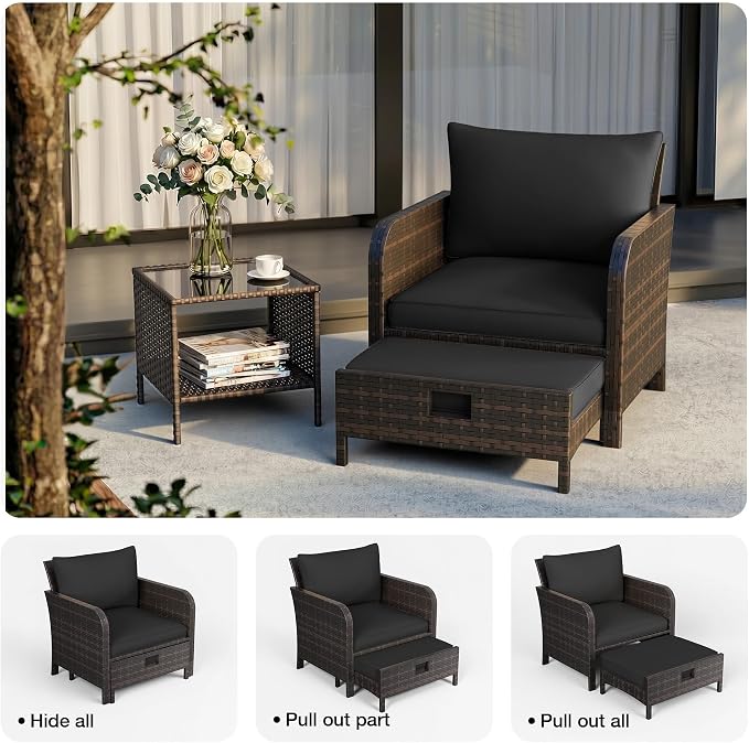LEVELEVE Patio Conversation Set 5 Piece, Balcony Furniture Outdoor PE Rattan Wicker Lounge Chairs with Soft Cushions, 2 Ottomans & Glass Table for Porch Lawn, Brown (Black Cushions